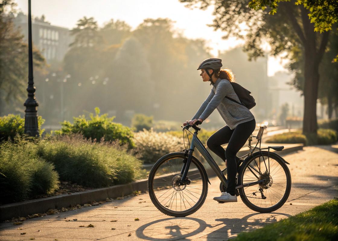 Femme montant sur un vélo hybride dans un parc urbain, vêtue de vêtements décontractés adaptés au vélo, sous une lumière matinale douce