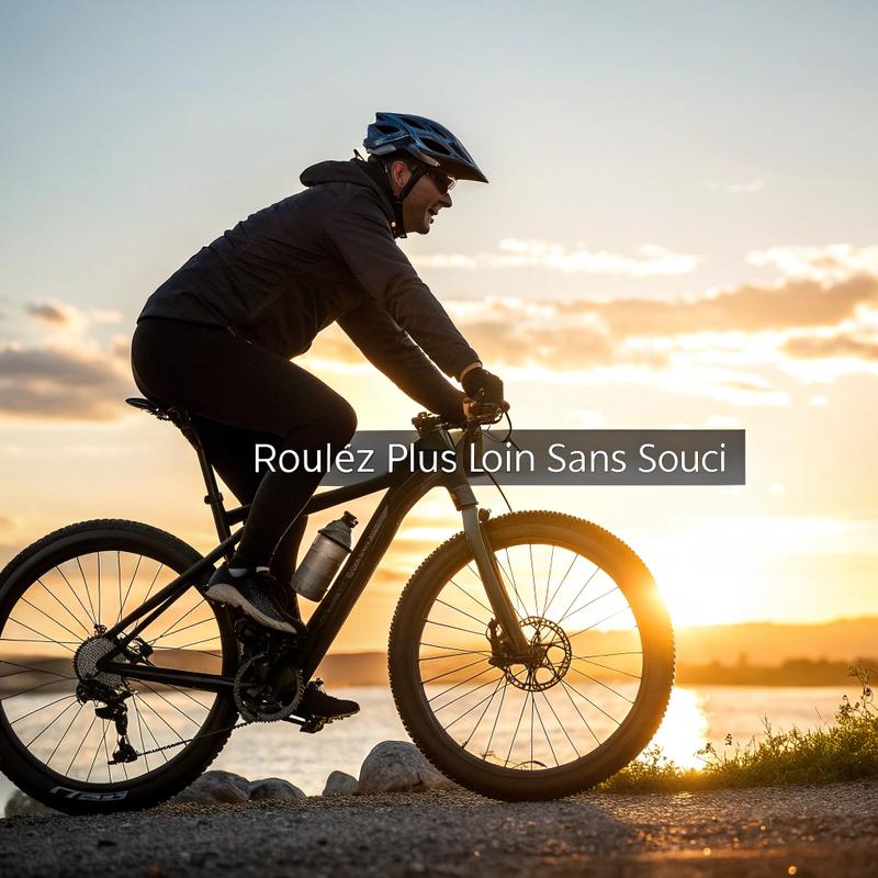 Cycliste moderne sur un vélo électrique hybride volumineux au coucher du soleil avec bannière promo roulez plus loin sans souci