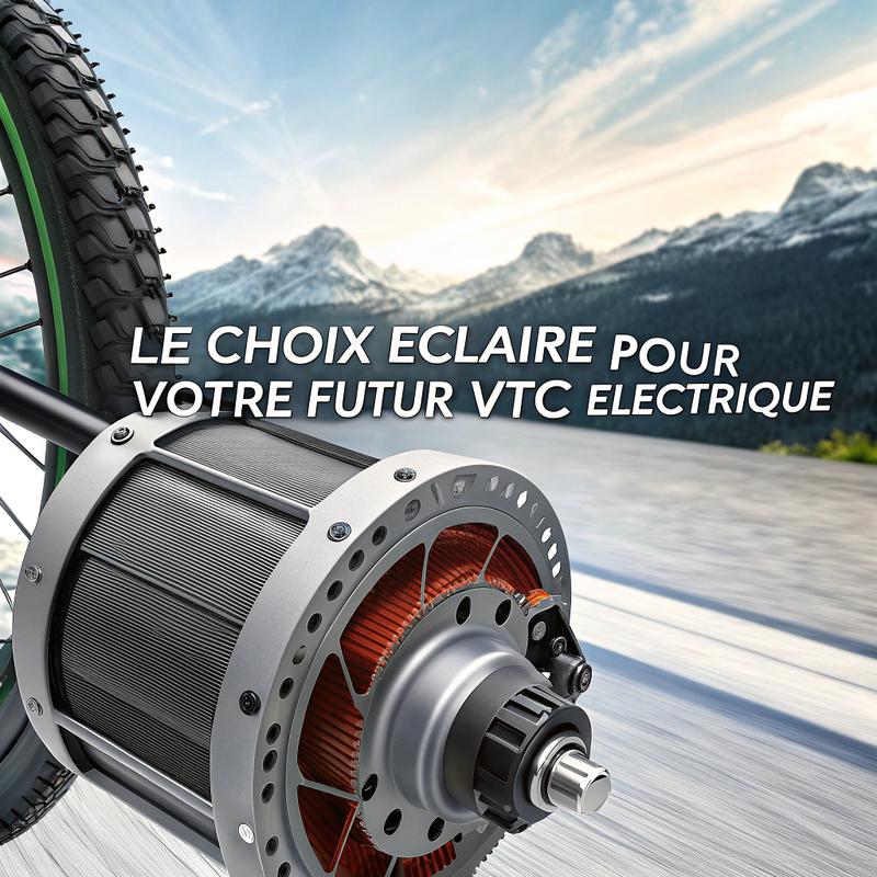Vue rapprochée dynamique d'un puissant moteur de vélo électrique avec plus de 70 Nm de couple, entouré de détails techniques comme la puissance et l'autonomie, avec un texte futuriste 'Le Choix Éclairé pour Votre Futur VTC Électrique'.