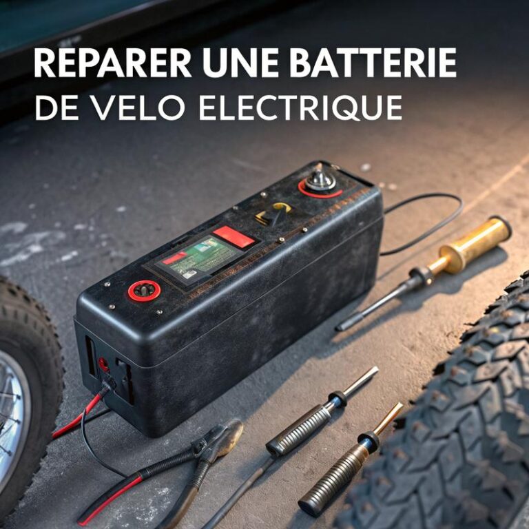 Batterie de vélo électrique usée avec affichage numérique de faible charge, entourée d'outils de réparation comme des tournevis et un multimètre, sous éclairage cinématographique.