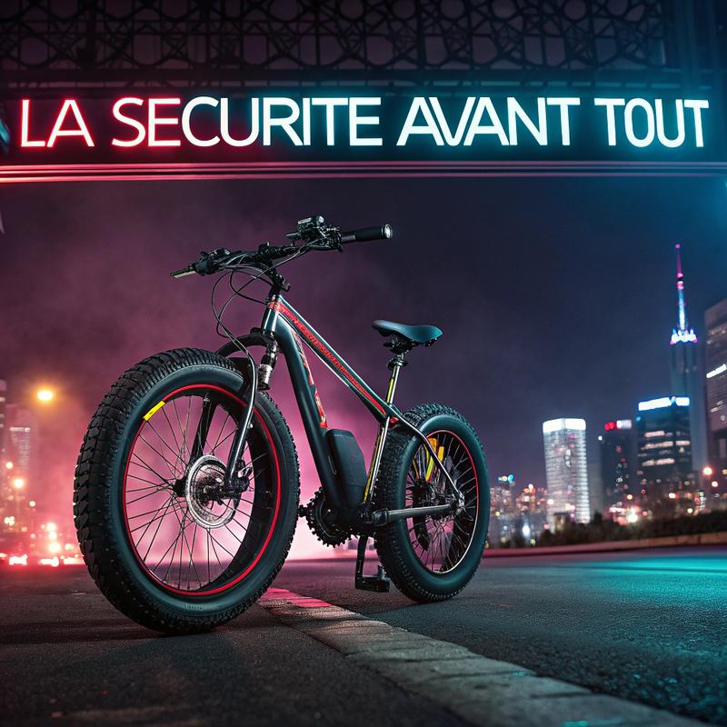 Batterie durable d'e-bike fixée sur un cadre en aluminium avec des câbles transportant l'énergie, design cyberpunk et inscription 'Une Autonomie Adaptée Pour Tous'.