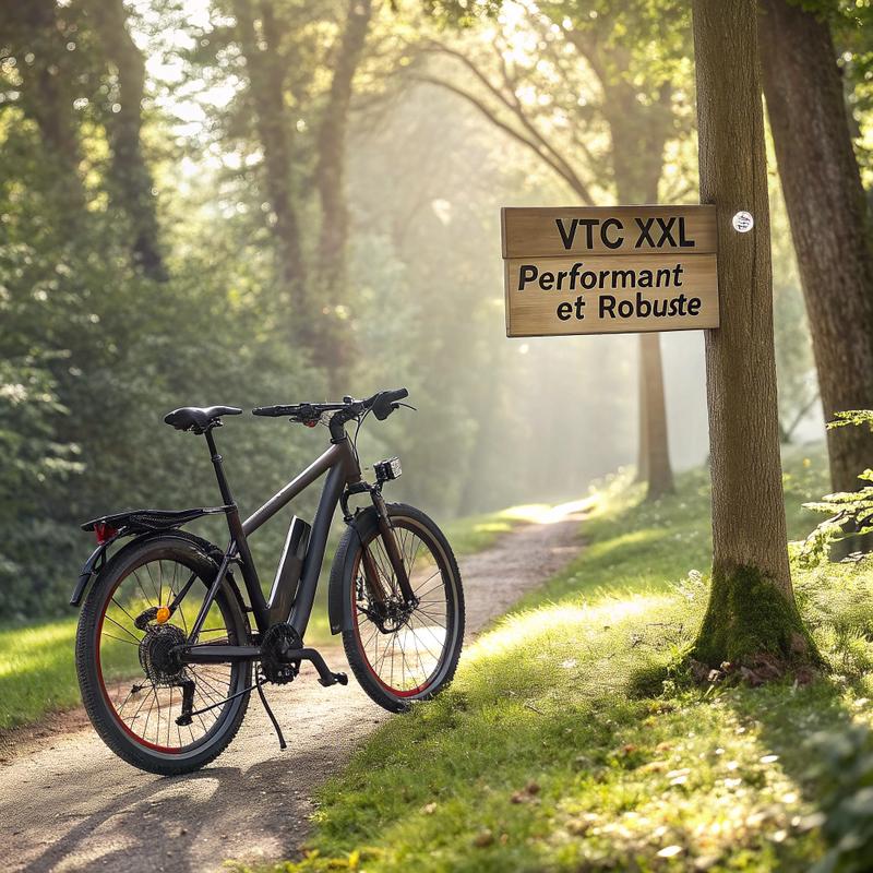 Vélo électrique robuste avec pneus larges et composants renforcés, dans un décor urbain futuriste illuminé de néons, avec l'inscription 'La Sécurité Avant Tout' en lettres lumineuses.