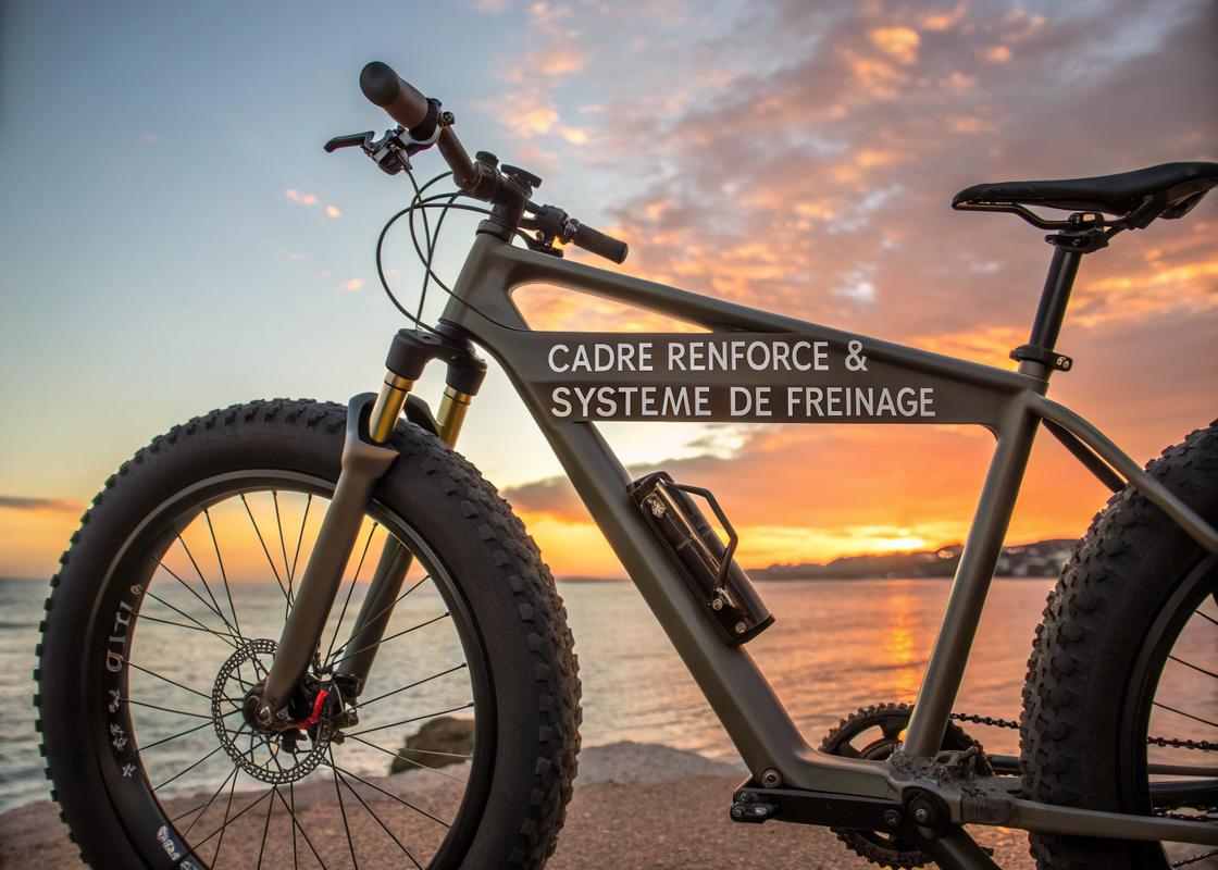 Vue de côté de cadre renforcé de vélo électrique avec pneus larges, freins à disque hydrauliques, et textures métalliques granuleuses sous un éclairage de coucher de soleil.