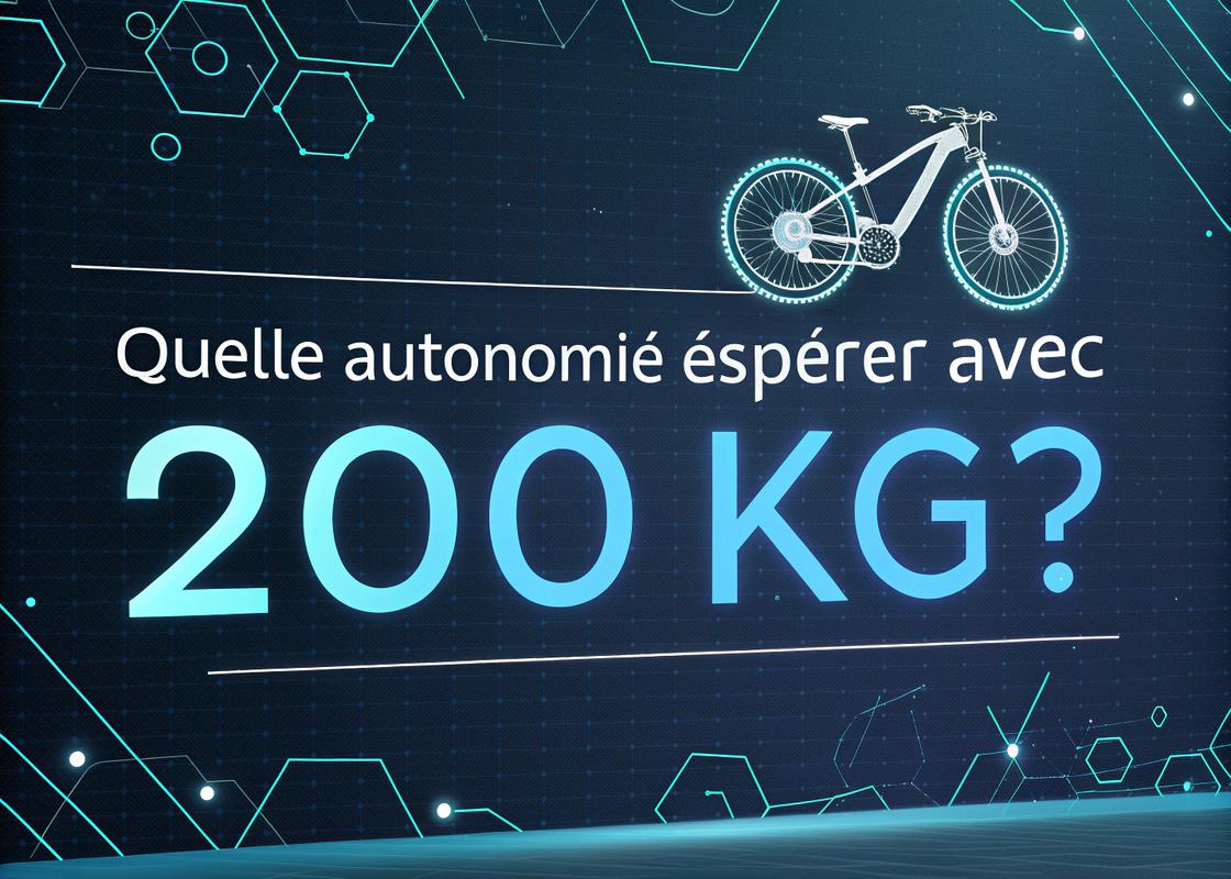 Infographie illustrant la consommation de batterie d'un vélo électrique sous une charge de 200 kg avec texte en français 'Quelle Autonomie Espérer avec 200 kg ?' et éléments visuels en style HUD numérique