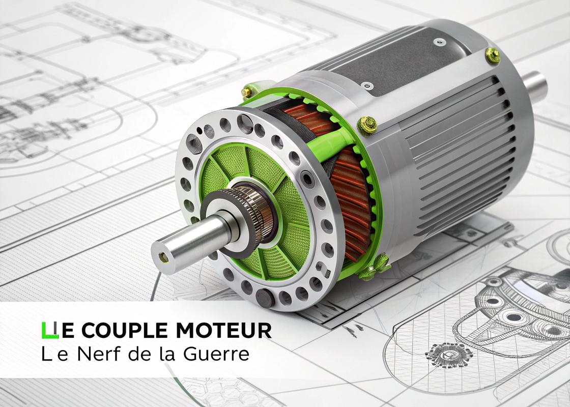 Moteur haute puissance pour vélo électrique avec surimpression style plan technique et accents néon verts