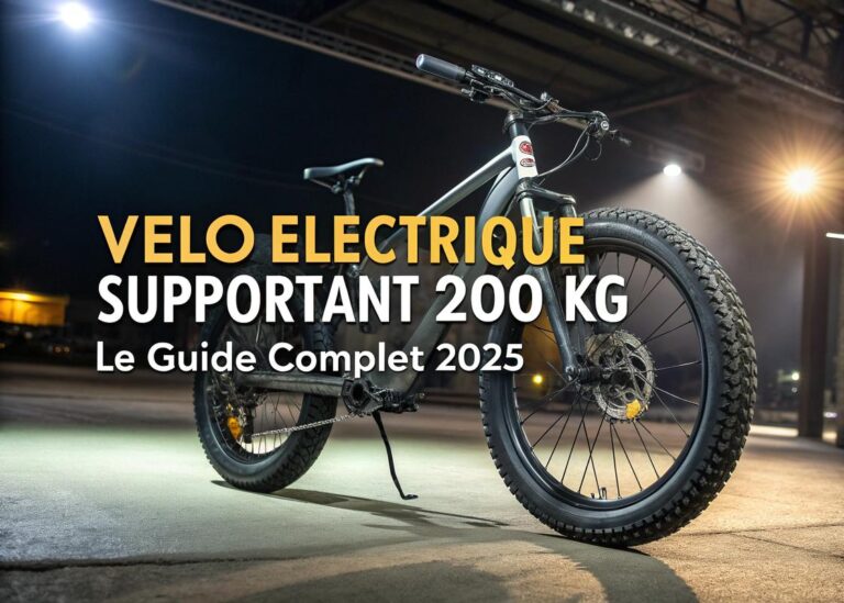 Vélo électrique robuste supportant 200 kg avec cadre renforcé et pneus larges sous éclairage cinématographique et texte 'Vélo Électrique Supportant 200 kg : Le Guide Complet 2025'