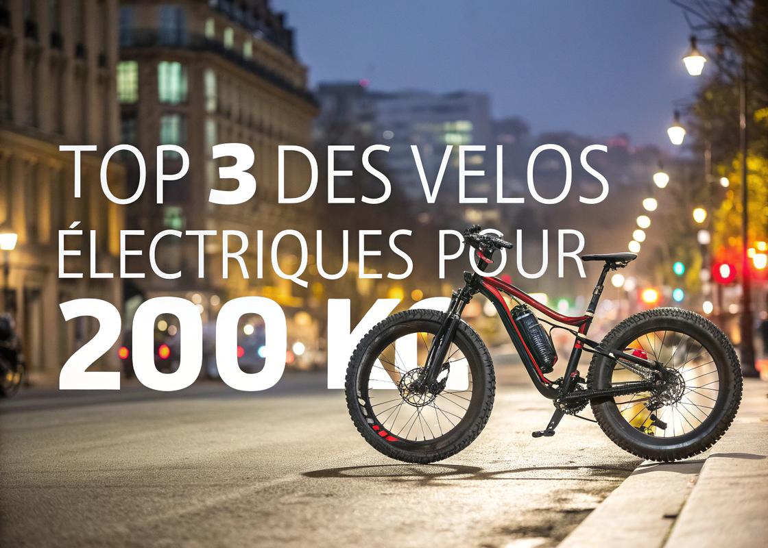 Vélo électrique haut de gamme pour charges lourdes en vue cinématographique avec éclairage dynamique et sous-titre ‘Top 3 des Vélos Électriques pour 200 kg’