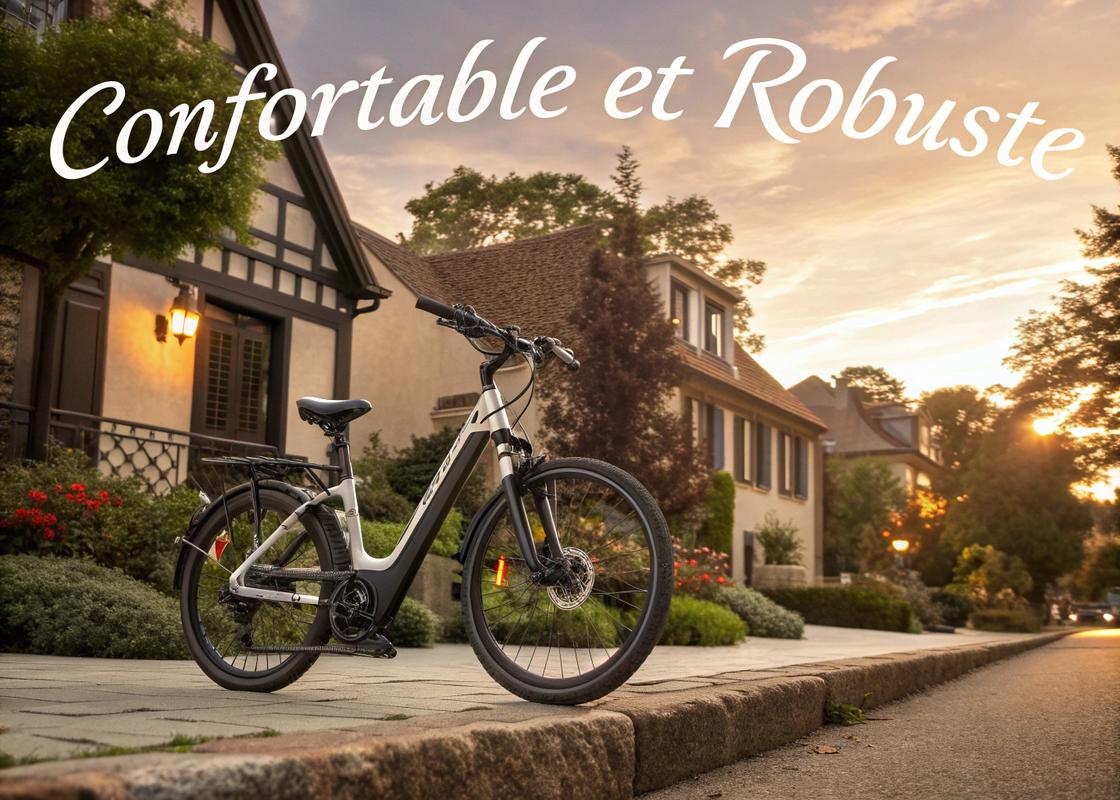 Vélo électrique urbain avec cadre bas, conçu pour charges lourdes, sous un éclairage chaud en soirée, texte 'Confortable et Robuste' en police cursive